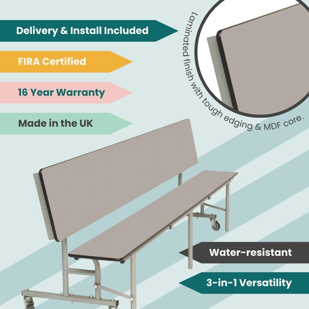 Dove grey 3-in-1 canteen bench unit with tough laminated finish and MDF core, FIRA certified, water-resistant, 16-year warranty, fully assembled and UK made.