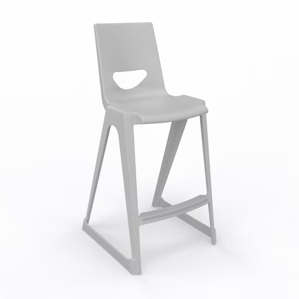 A modern neutral-toned polymer high stool featuring a 610mm seat height and stable anti-tilt footing designed for secure use in secondary school science departments.