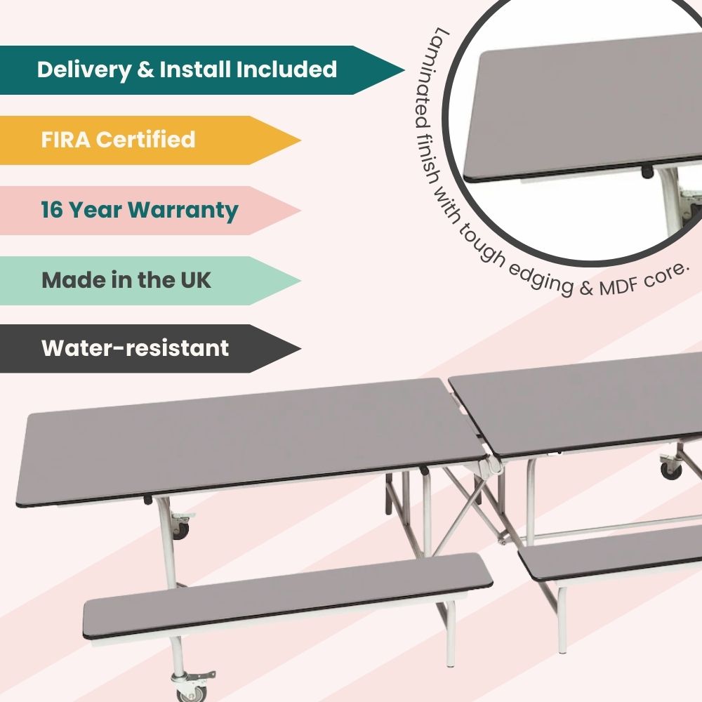 Dove grey rectangular canteen table with benches, durable laminated top and FIRA certified design.