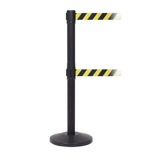 Cobolt Black Steel Retractable Barrier Twin 3.4m Chevron Belt | Hazard Queue Post