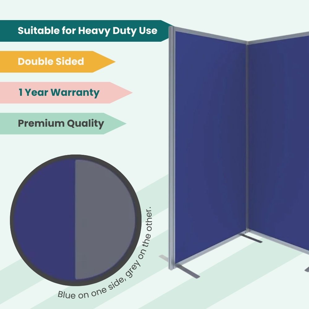 Freestanding panel with blue and grey surfaces and metal frame, built for durable use in school interiors.