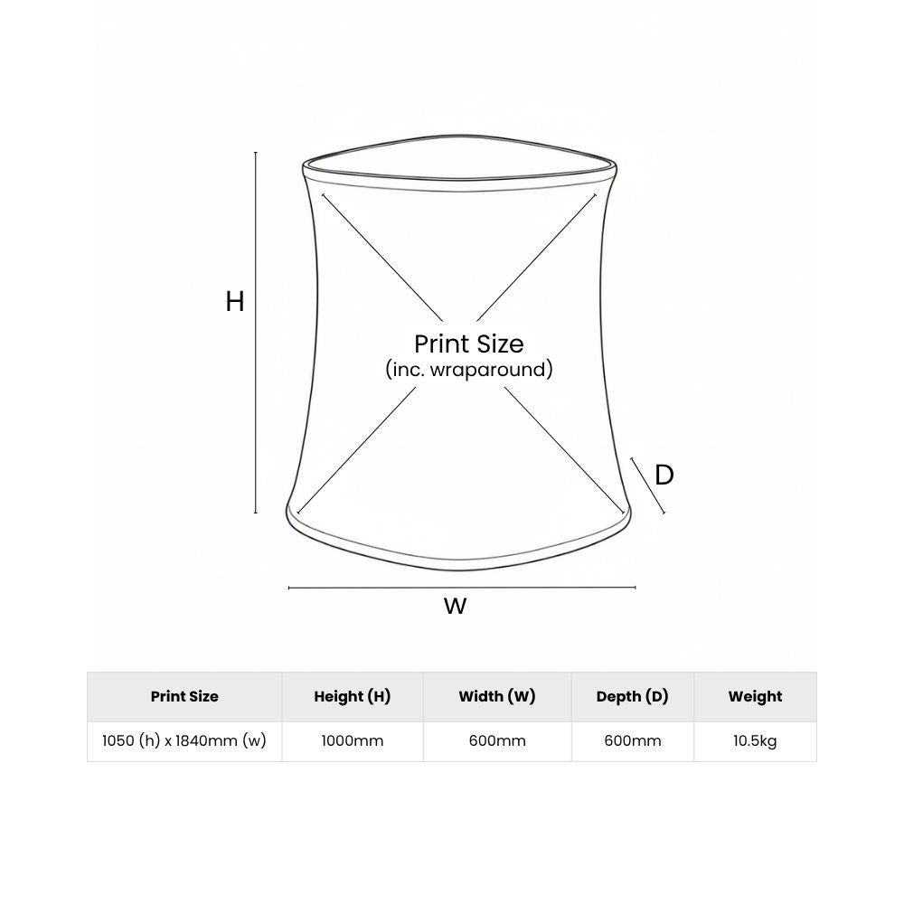Technical diagram of Dunelm promotional counter showing height, width, depth, and wraparound print area for branded event setup.