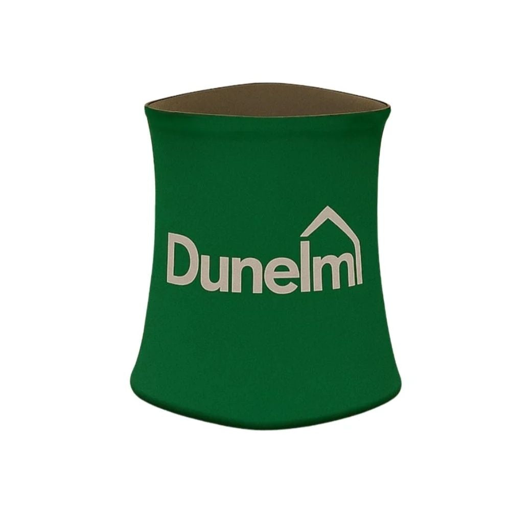 Green Dunelm display stand with hourglass shape and brown top, ideal for home decor promotions or retail branding.