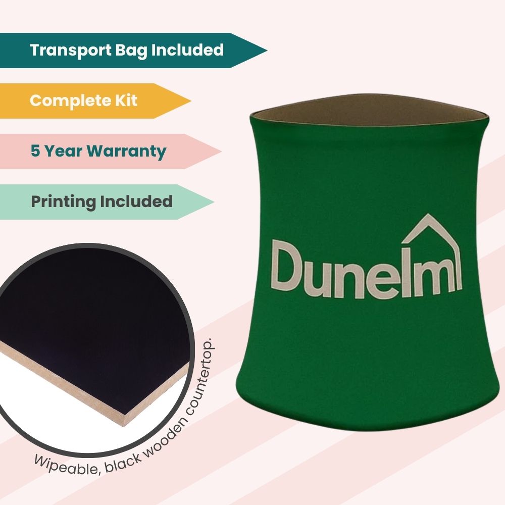 Dunelm branded counter with green wrap and wipeable black top, featuring transport bag, 5-year warranty, and printing included.