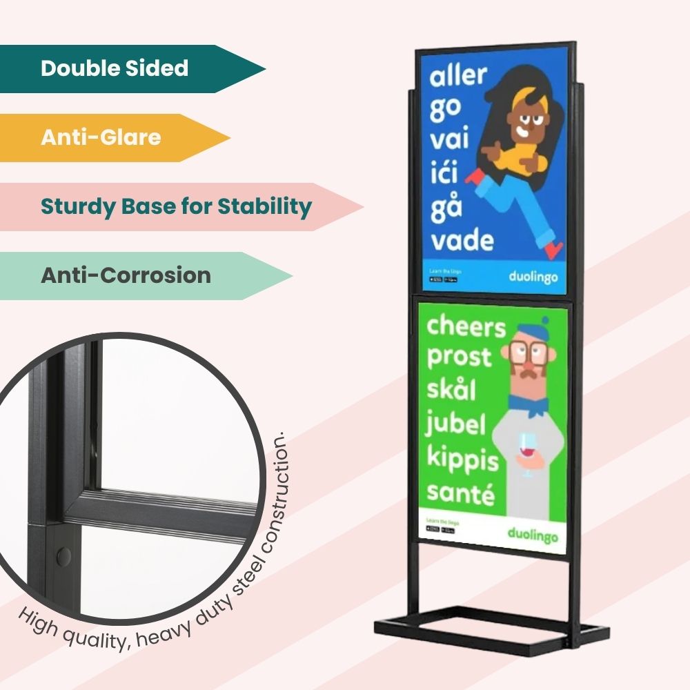 Duolingo promotional stand with feature tags for anti-glare surface, corrosion-resistant steel frame, and dual-panel educational messaging.