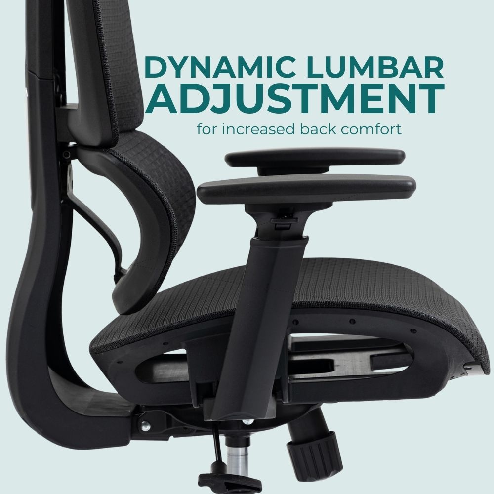 Close-up of ergonomic chair showing dynamic lumbar adjustment and adjustable armrest. Mesh back and seat enhance breathability and posture support for long-duration seating in office environments.
