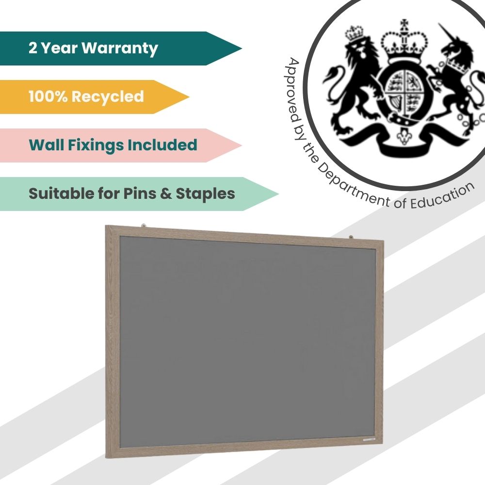 Dark grey bulletin board with wooden frame, made from 100% recycled material, featuring wall fixings and Department of Education approval.