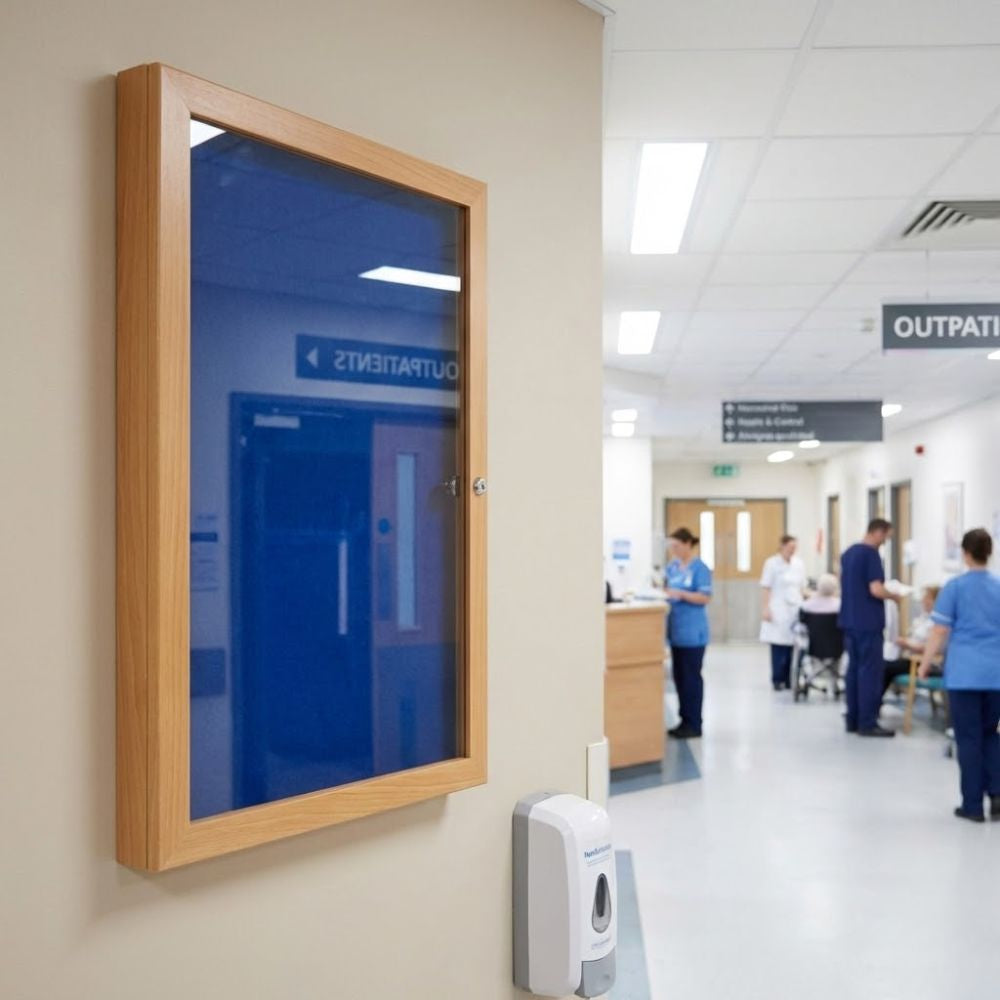 Eco-friendly blue felt lockable noticeboard with wood effect frame and glazed door, wall mounted in a hospital corridor near outpatient reception.