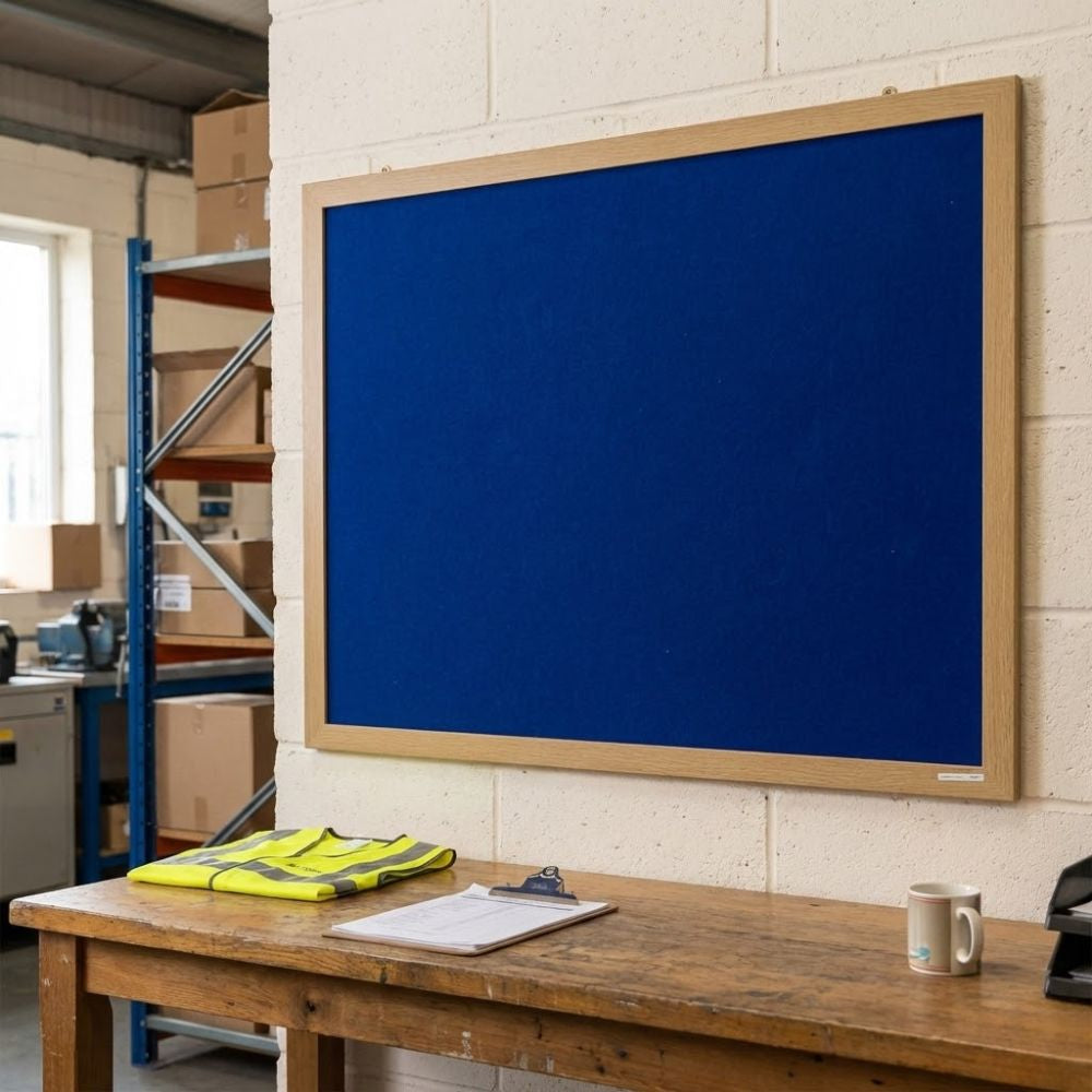 Eco-friendly 1200 x 900mm blue felt noticeboard with wood effect frame, wall mounted in an industrial office above a wooden workbench with high-visibility jacket and clipboard.