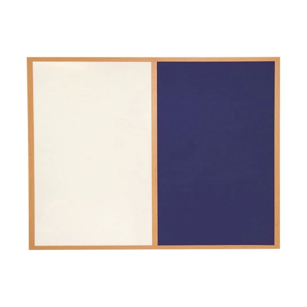 Eco-friendly combo board with green felt notice surface and whiteboard in a wood‑effect frame, 1500 × 1200 mm.