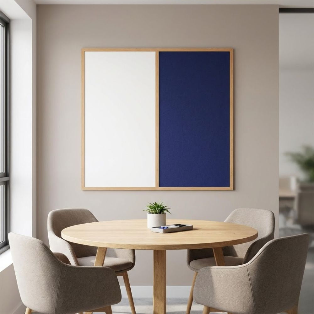 Eco-friendly combination board with a blue felt panel and whiteboard surface in a light wood frame, displayed on a meeting room wall above a round table and upholstered chairs.