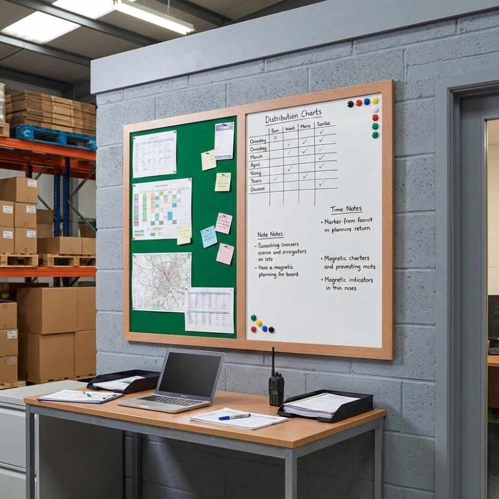 Eco-friendly 1500 x 1200mm combination board featuring a green felt panel and whiteboard surface in a wooden frame, installed on an industrial office wall above a desk with charts and notes.