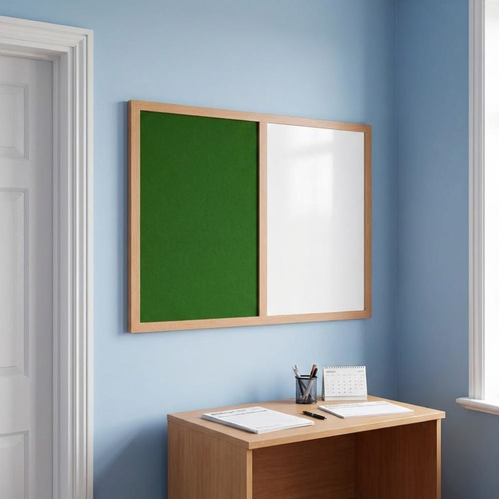 Eco-friendly 600 x 900mm combination board with green felt panel and whiteboard surface in a light wood frame, mounted on a blue home office wall above a wooden desk.