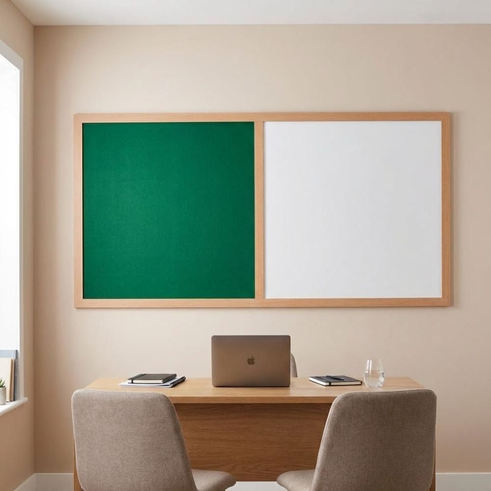 Eco-friendly combination board featuring a green felt panel and whiteboard surface in a light wood frame, installed above a desk with laptop in a home office setting.