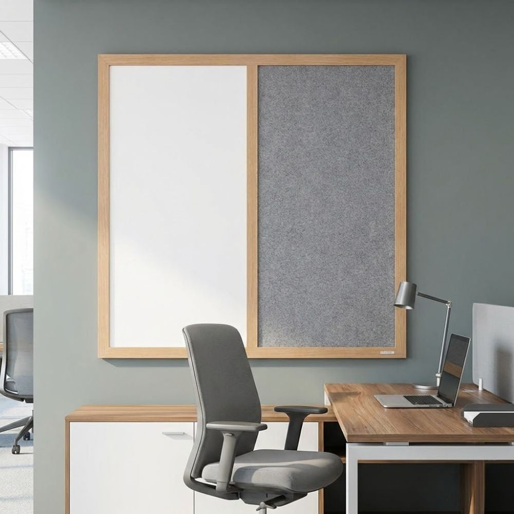 Eco-friendly combination board featuring a grey felt panel and whiteboard surface in a natural wood frame, mounted on a modern office wall beside a desk and office chair.