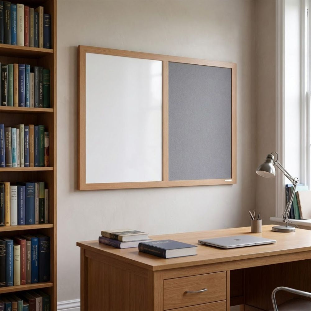 Eco-friendly combination board with grey felt panel and whiteboard surface in a light wood frame, installed on a study wall above a wooden desk and bookshelf.