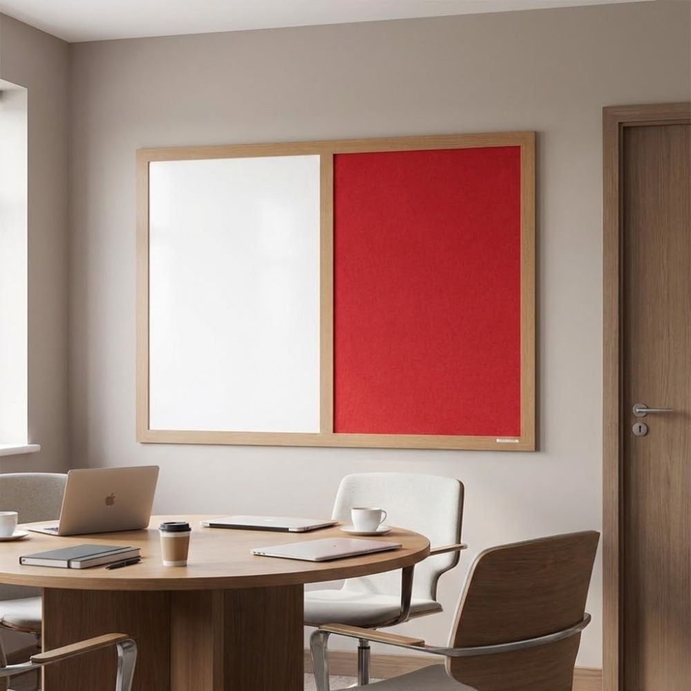 Eco-friendly 1500 x 1200mm combination board featuring a red felt panel and whiteboard surface in a natural wood frame, mounted in a conference room above a round table with laptops and coffee cups.
