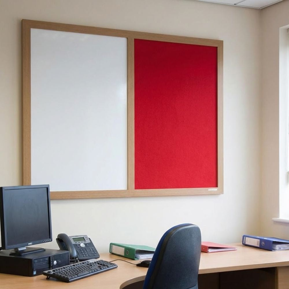 Eco-friendly combination board featuring a red felt panel and whiteboard surface in a natural wood frame, mounted on an office wall above a desk with computer and folders.