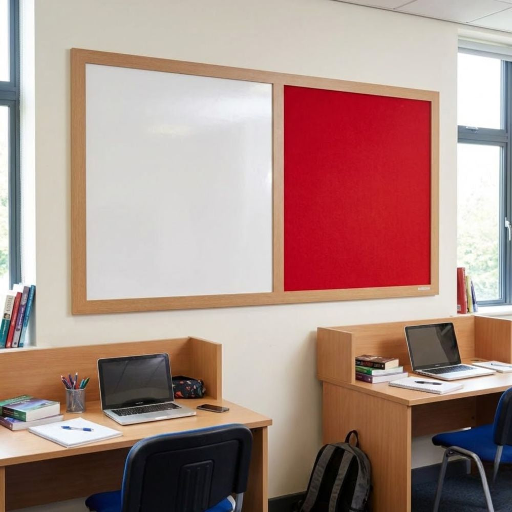Eco-friendly combination board featuring a red felt panel and whiteboard surface in a natural wood frame, displayed in a study area above individual desks with laptops and books.