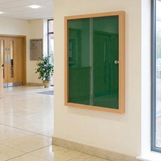 Eco-Friendly Lockable Noticeboard - Green Felt 900 x 1200mm - Wood Effect Frame
