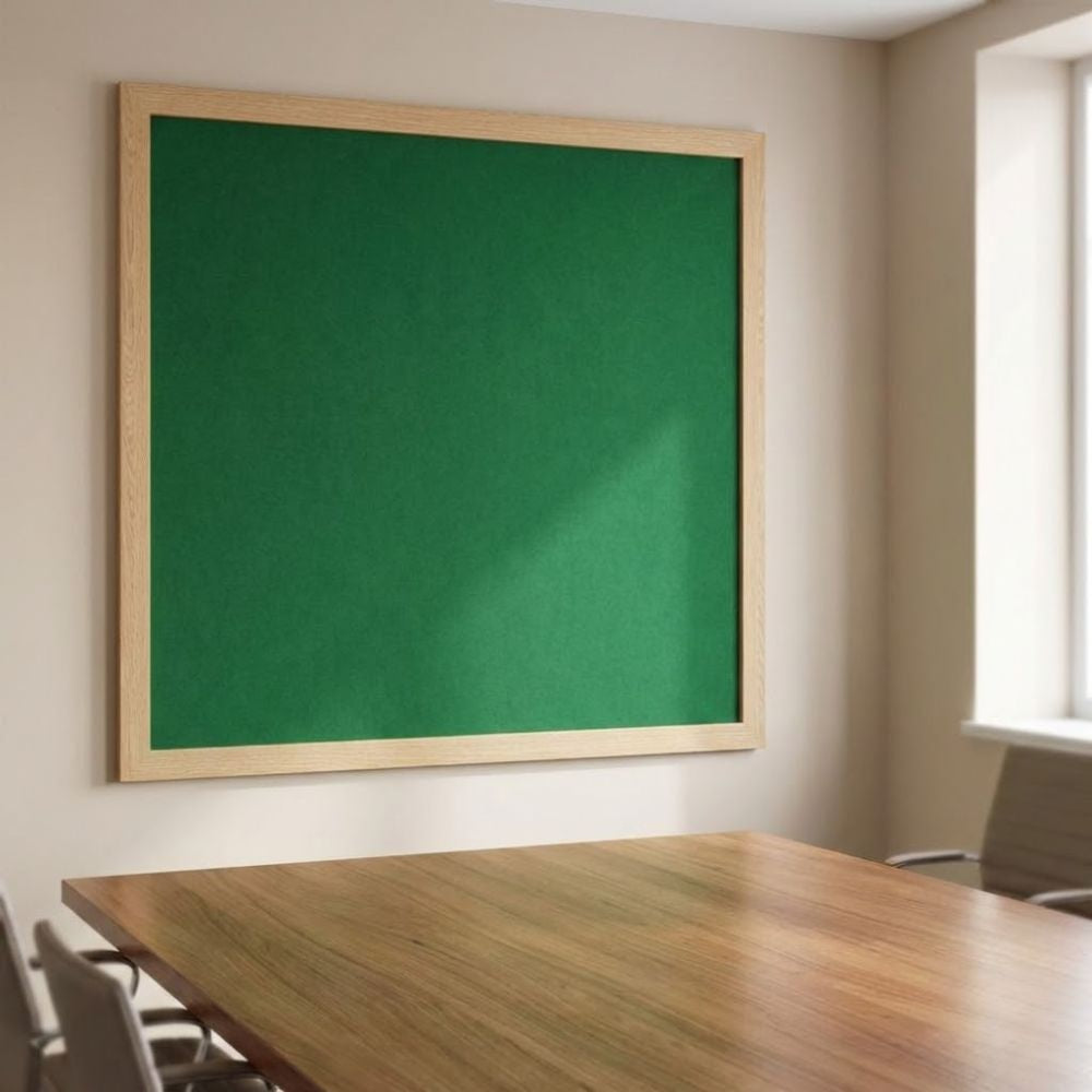 Eco-friendly 1200 x 1200mm green felt noticeboard with wood effect frame, displayed on a meeting room wall above a large wooden table and chairs.