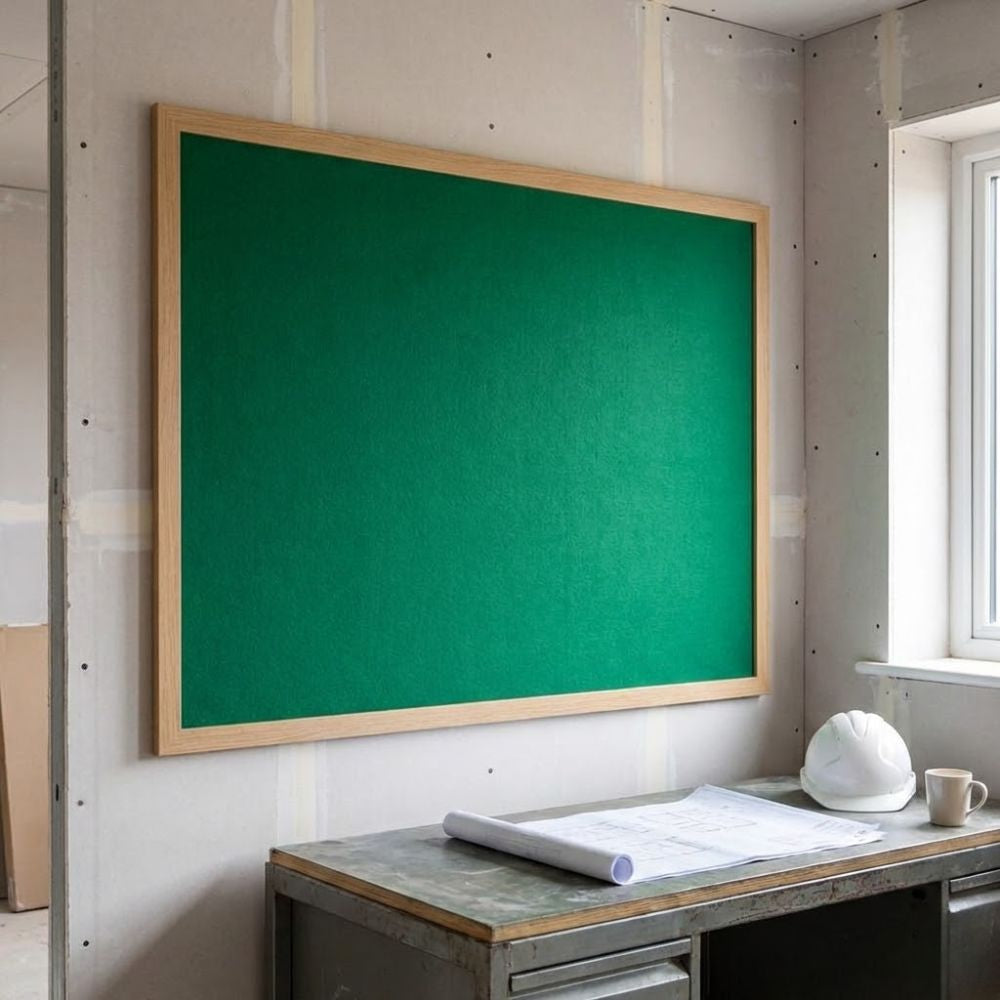 Eco-friendly 1200 x 900mm green felt noticeboard with wood effect frame, installed in a construction office above a metal desk with rolled plans and safety helmet.