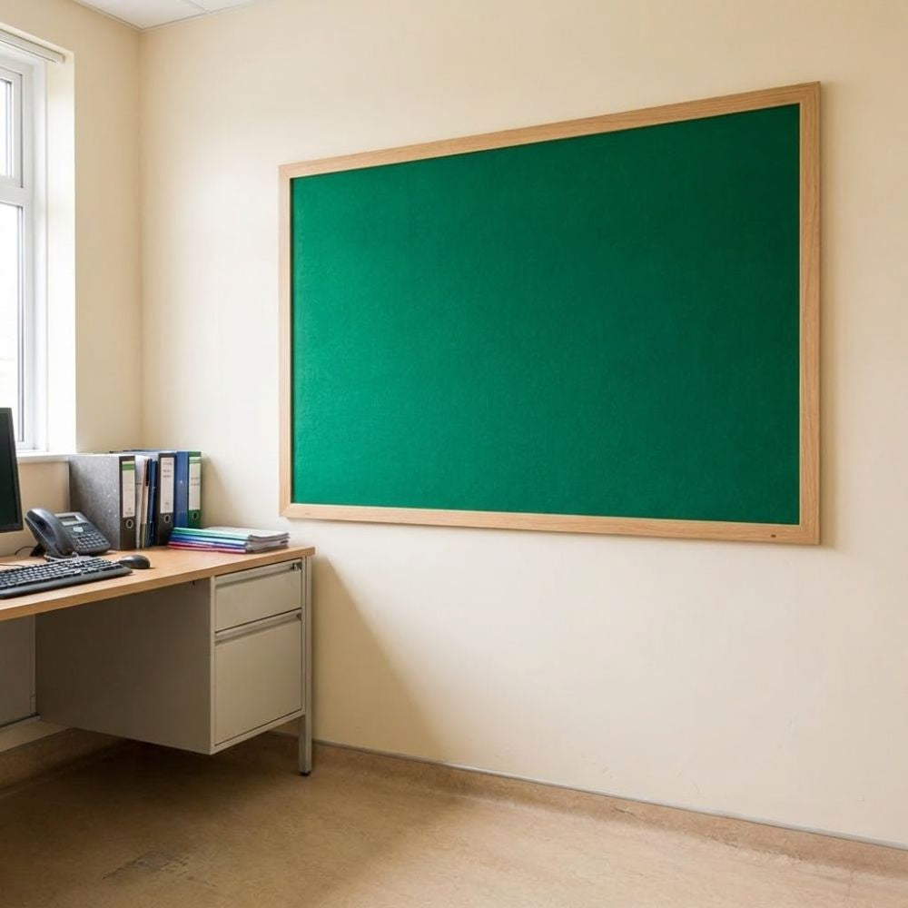 Eco-friendly 1800 x 1200mm green felt noticeboard with wood effect frame, installed on a light office wall above a desk with files and telephone.
