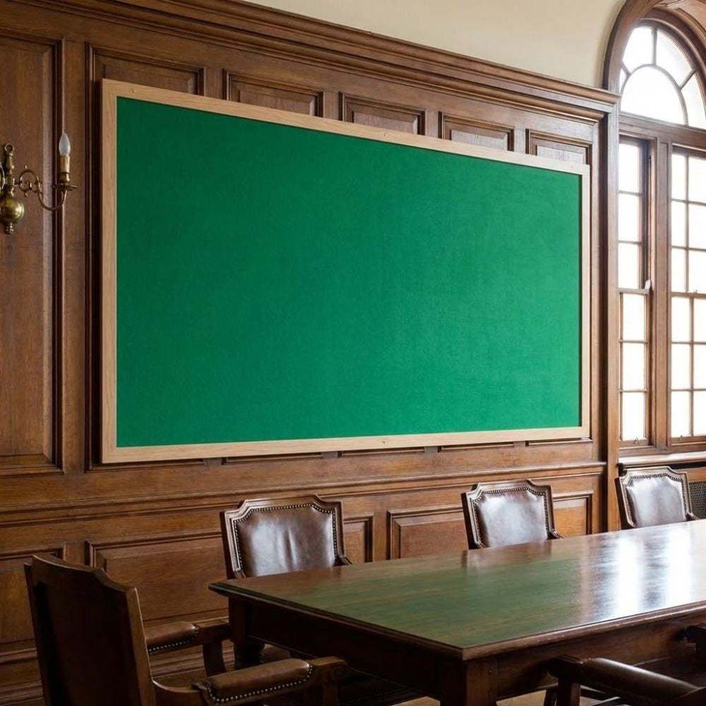 Eco-friendly 2400 x 1200mm green felt noticeboard with wood effect frame, installed on a traditional boardroom wall with wood panelling and large meeting table.