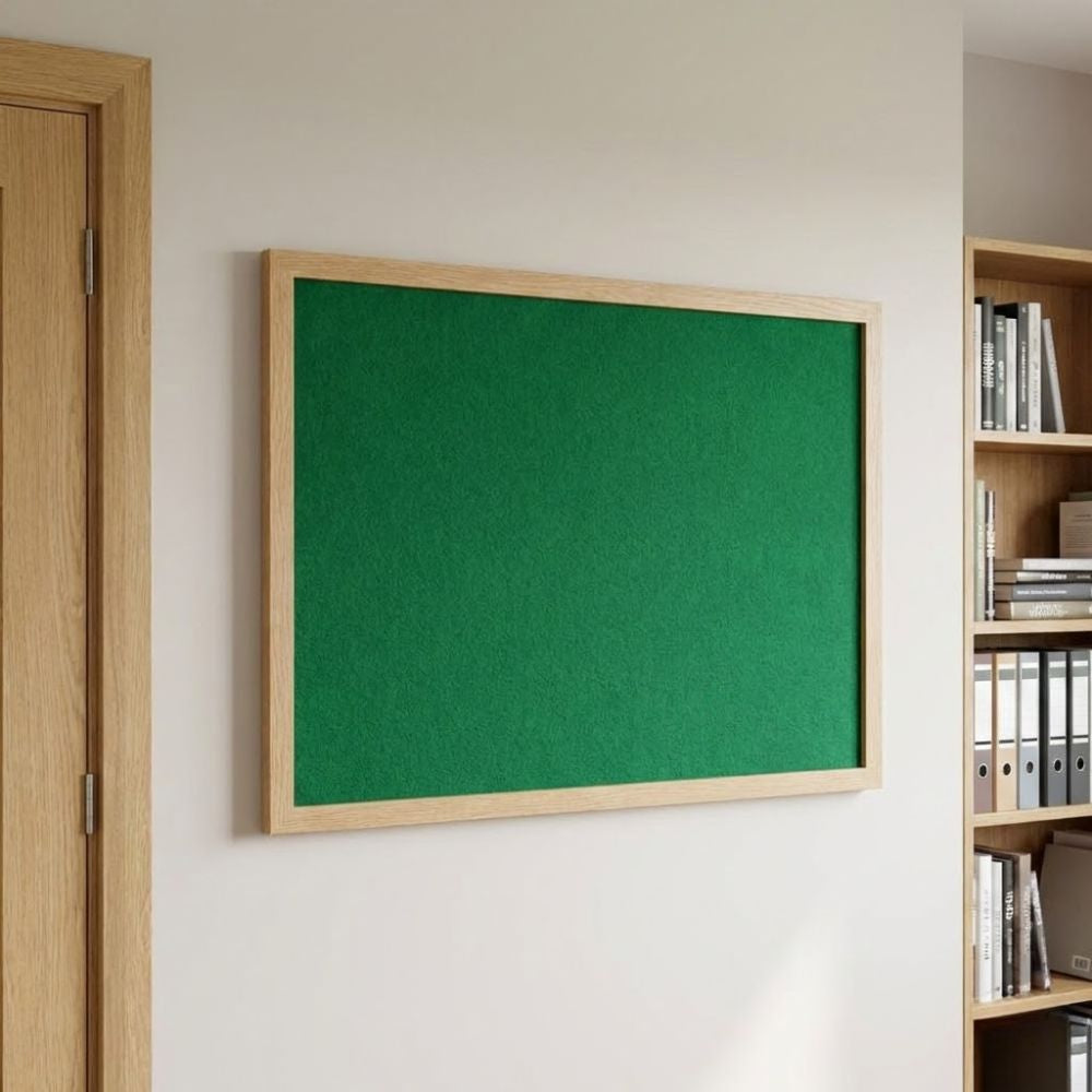 Eco-friendly 900 x 600mm green felt noticeboard with wood effect frame, mounted on an office wall beside shelving and a wooden door.