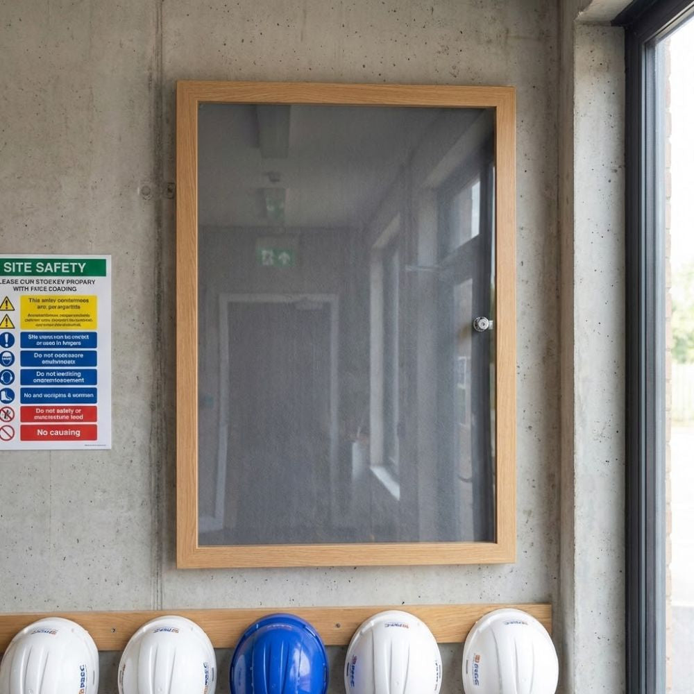 Eco-friendly 900 x 1200mm grey felt lockable noticeboard with wood effect frame and glazed front, mounted on a workplace corridor wall above safety helmets.