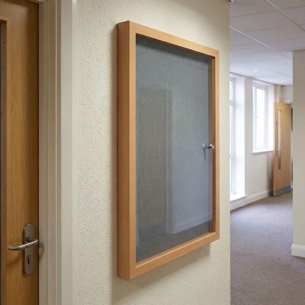 Eco-friendly grey felt lockable noticeboard with wood effect frame and clear viewing panel, installed on an office corridor wall beside a wooden door.