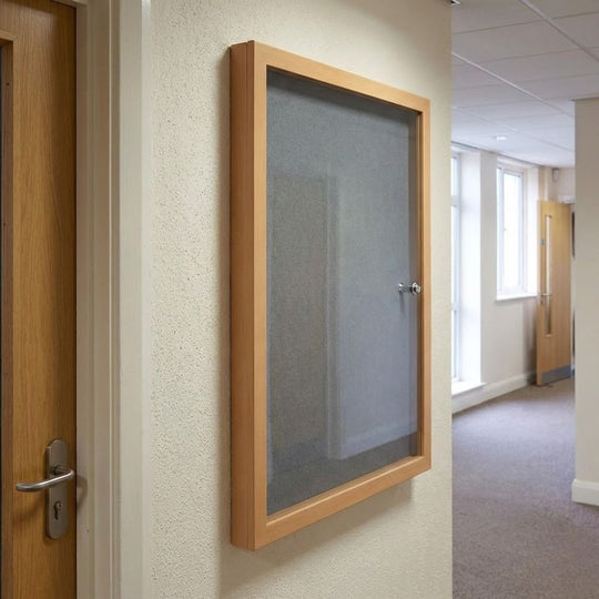 Eco-Friendly Lockable Noticeboard - Grey Felt 600 x 900mm - Wood Effect Frame