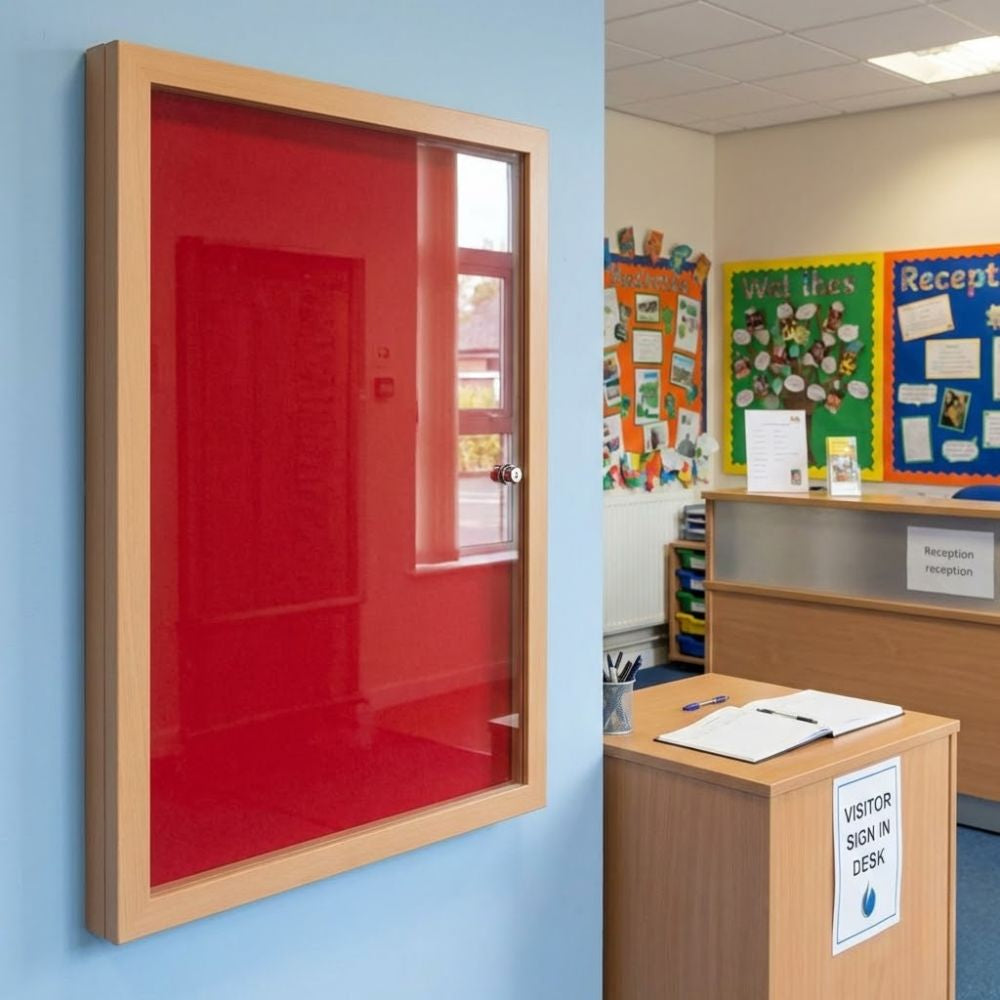 Eco-friendly 900 x 1200mm red felt lockable noticeboard with wood effect frame and glazed door, displayed in a school reception area beside visitor sign in desk.