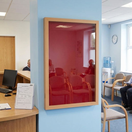 Eco-Friendly Lockable Noticeboard - Red Felt 600 x 900mm - Wood Effect Frame