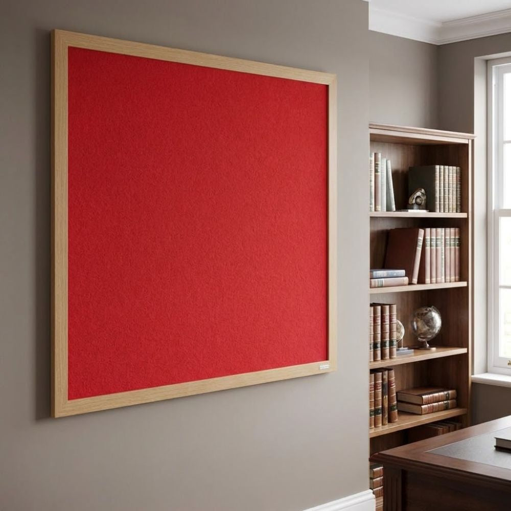 Eco-friendly 1200 x 1200mm red felt noticeboard with wood effect frame, installed in an executive office beside a wooden bookcase and desk.