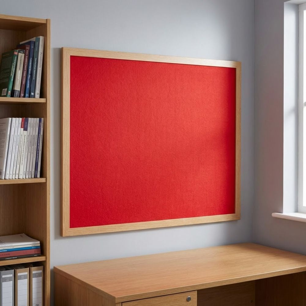 Eco-friendly 1500 x 1200mm red felt noticeboard with wood effect frame, mounted in a modern office interior beside a bookshelf and window.
