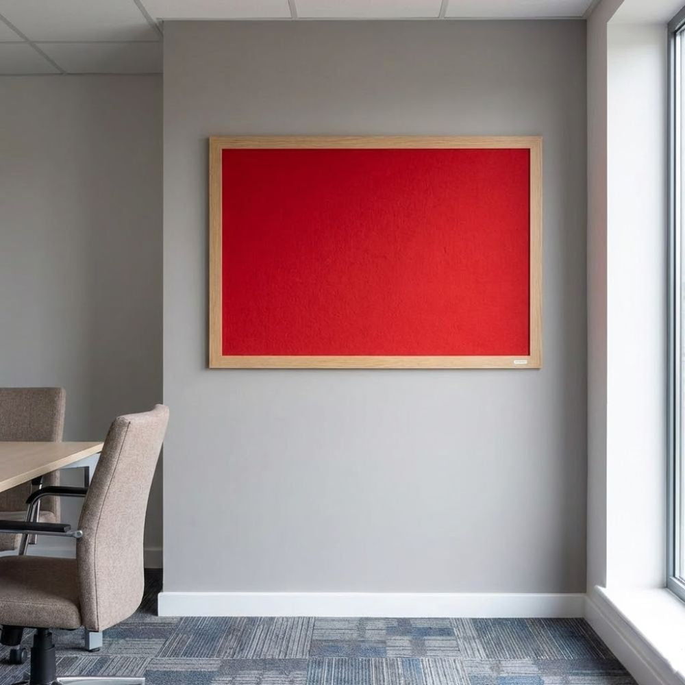 Eco-friendly 900 x 600mm red felt noticeboard with wood effect frame, installed on a meeting room wall beside a table and upholstered chairs.