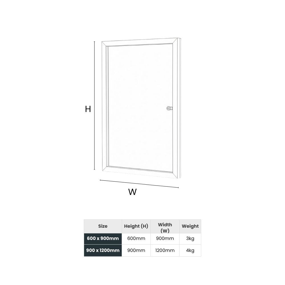 Diagram showing noticeboard sizes and weights for wall-mounted installation and planning purposes.