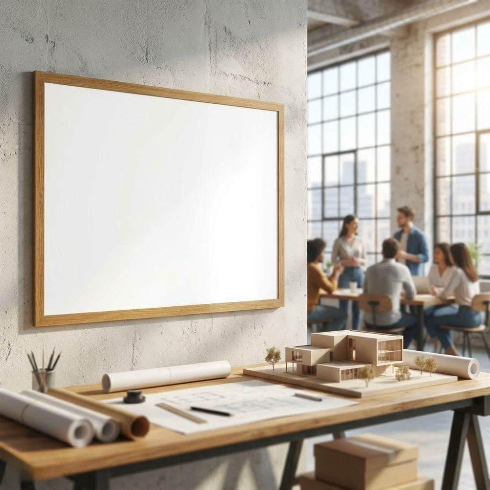 A large 1800 x 1200mm eco-friendly whiteboard with a wood effect frame mounted on a textured wall in a bright architectural studio, with design plans, model buildings, and team collaboration in the background.
