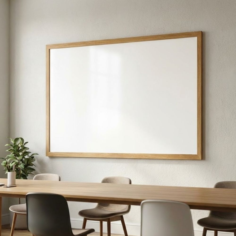 A large 2400 x 1200mm eco-friendly whiteboard with a wood effect frame mounted on a textured wall in a stylish meeting room with a wooden table and modern chairs.