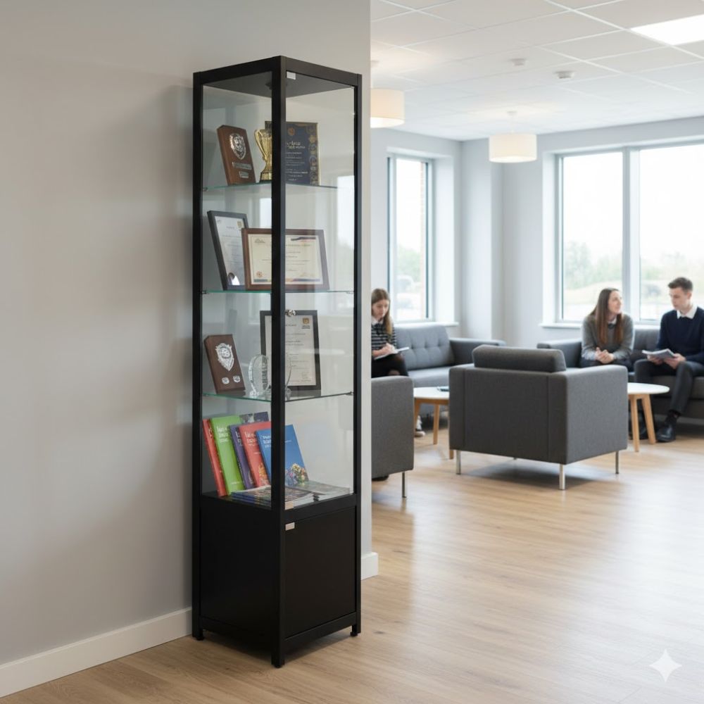 black-framed-glass-display-cabinet-featuring-awards-certificates-and-books-in-a-contemporary-educational-lounge-space