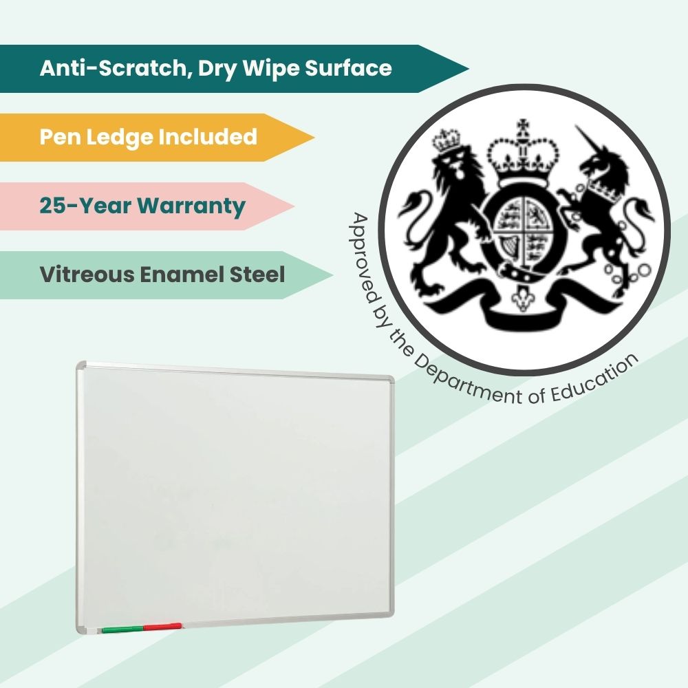 Promotional image of whiteboard with pen ledge and enamel surface, approved for educational use.