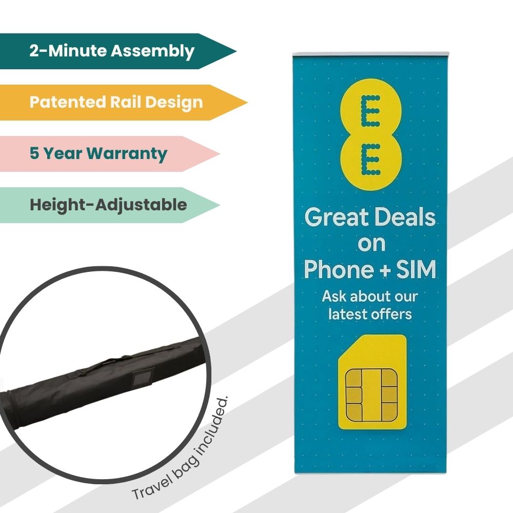 EE promotional banner stand advertising phone and SIM deals with travel bag and quick setup.