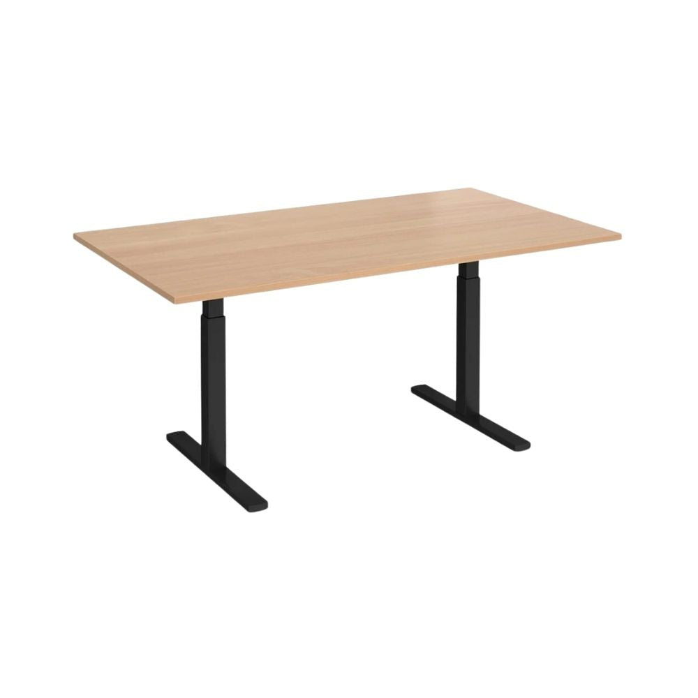 Single electric height-adjustable desk with a natural wood-finish top and sturdy black T-frame legs, ideal for ergonomic working environments.