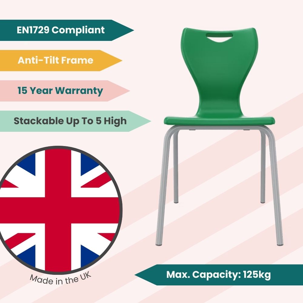 Vibrant emerald green classroom seat featuring non-marking floor glides and a safety-focused leg design to ensure student stability during lessons.