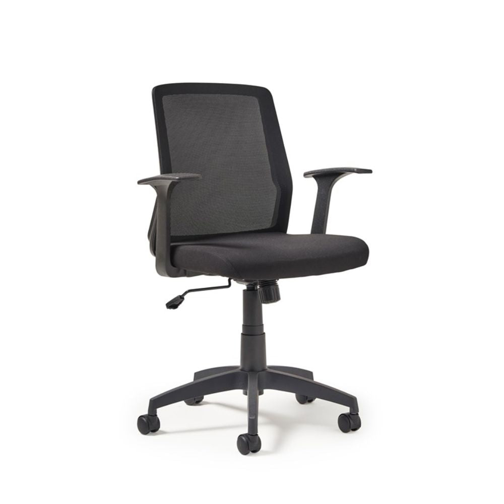 Ergonomic black office chair with mesh backrest, padded seat, supportive armrests and height-adjustable swivel base with five castor wheels, isolated on a white background.