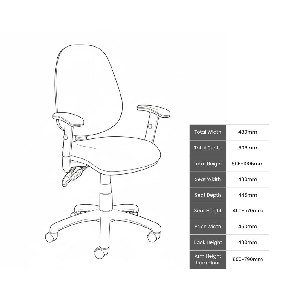 Line drawing of ergonomic chair with full measurements: seat height 460–570mm, back height 480mm, arm height from floor 600–790mm. Ideal for ergonomic planning in offices, schools, or healthcare settings.