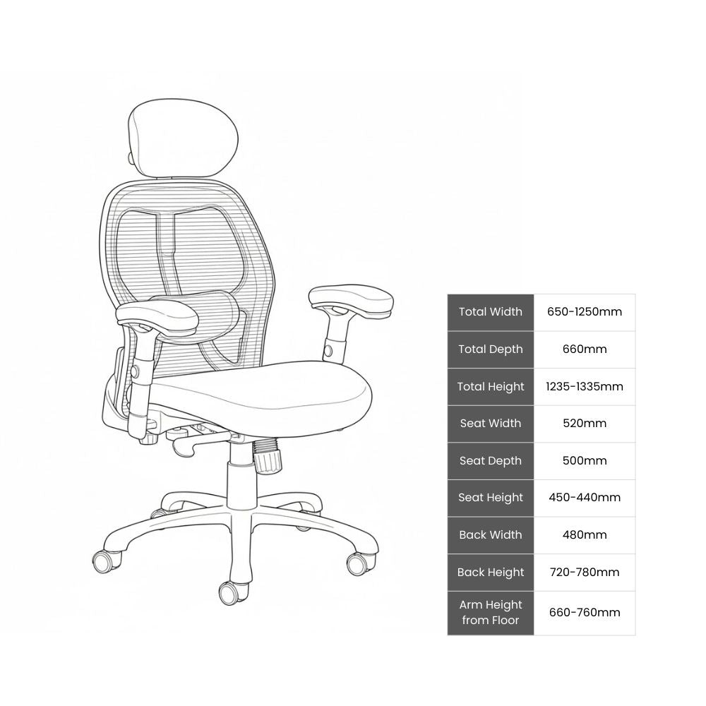 Technical drawing of ergonomic chair showing full dimensions including adjustable seat height, armrest range, and backrest height. Suitable for contract-grade environments and modular seating plans.