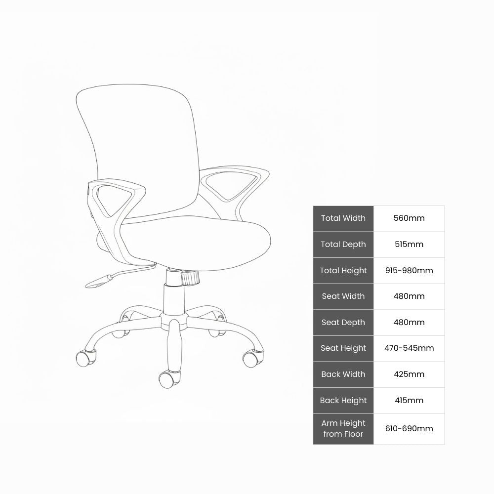 Line drawing of ergonomic chair with contoured back, triangular armrests, and cushioned seat. Dimensions include seat height 470–545mm, back height 415mm, and arm height from floor 610–690mm. Suitable for ergonomic planning.