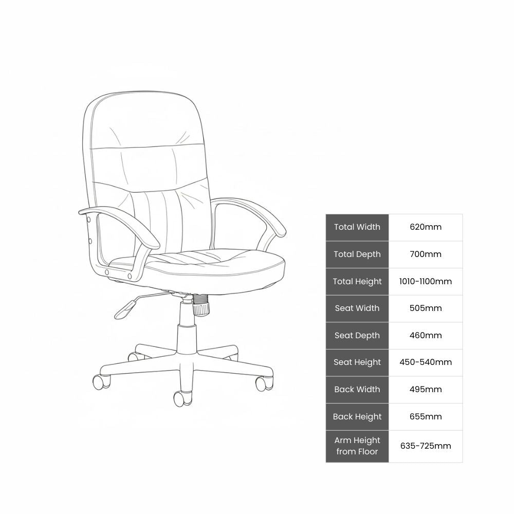 Technical illustration of office chair with cushioned seat, armrests, and wheeled base. Dimensions include seat height 450–540mm, back height 655mm, and arm height from floor 635–725mm. Suitable for ergonomic planning and procurement.